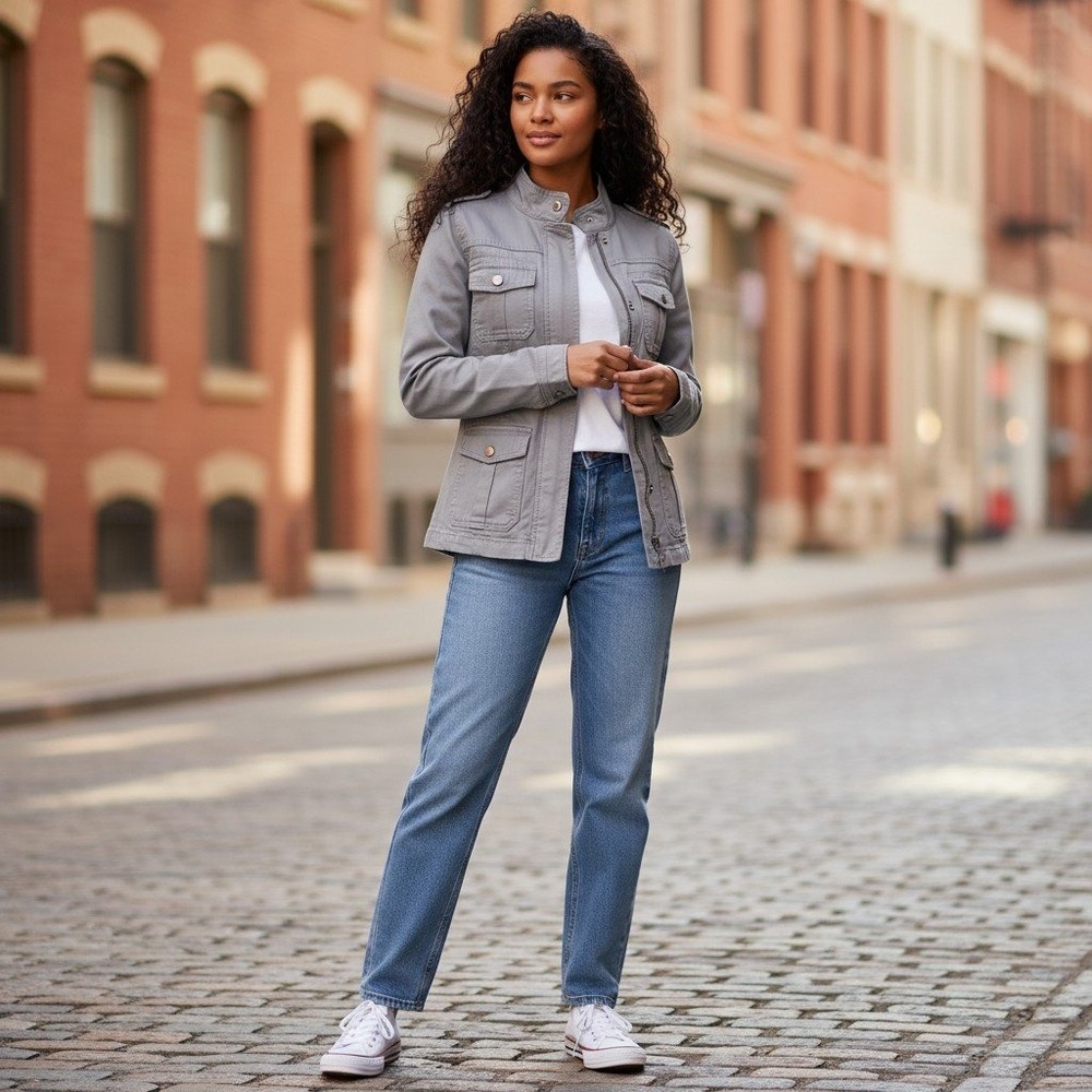 Kensie Jeans Womens Light Grey Utility‎ Field Jacket Stand Collar Size S